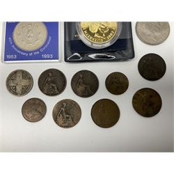 Two Great British Queen Elizabeth II five pound coins and a small number of other coins