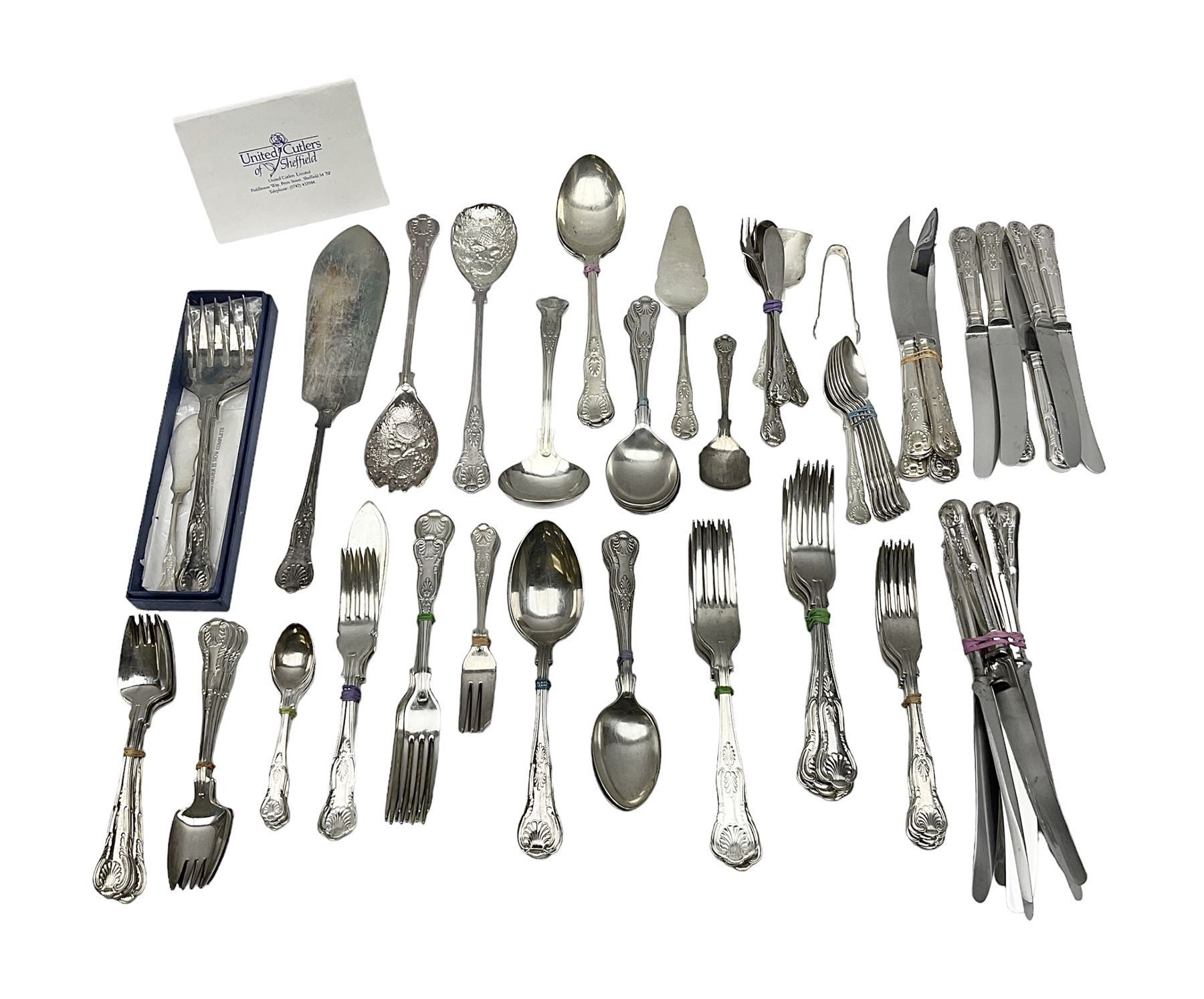 Silver Kings pattern knife, hallmarked Walker & Hall, together with a quantity of silver plated Kings pattern cutlery, including items by Osbourne's and United Cutlers, comprising table knives, table forks, table spoons, serving forks, ladle, berry spoons, teaspoons, dessert forks, cake slice, etc