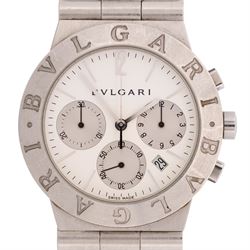 Bulgari Diagono gentleman's stainless steel quartz chronograph wristwatch, Ref. CH 35 S, white dial with subsidiary seconds dials for recording hours, minutes and continuous seconds and date aperture, on original stainless steel bracelet, with fold-over clasp