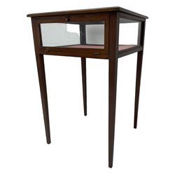 Edwardian inlaid mahogany bijouterie cabinet, glass inset top in moulded frame with satinwood band, fall front glazed door, on square tapering supports 