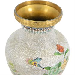 20th century Chinese cloisonné vase, of baluster form, decorated with two peacocks amongst peonies on a white cloud pattern ground, H38cm 