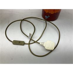 Poole Pottery table lamp in Volcano pattern of cylindrical form, with a cream lampshade, lamp H30cm