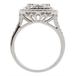 18ct white gold round brilliant cut and baguette cut diamond cluster ring, with diamond set shoulders, total diamond weight approx 1.25 carat