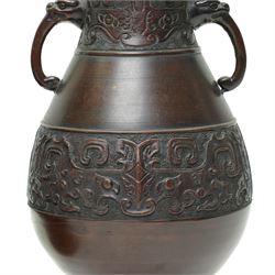 Two Japanese archaistic bronze vases, including stands H32cm and H33cm (2)