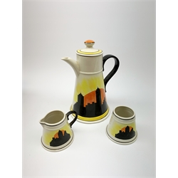 A Carlton Ware Art Deco style coffee set, decorated in the 'Manhatton Sunset' pattern, comprising coffee pot, milk jug, open sucrier, and six coffee cans, all of tapering form, coffee pot H26.5cm. 