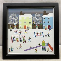 Gordon Barker (British 1960-): Park Games in Winter, acrylic on paper signed 28cm x 28cm 