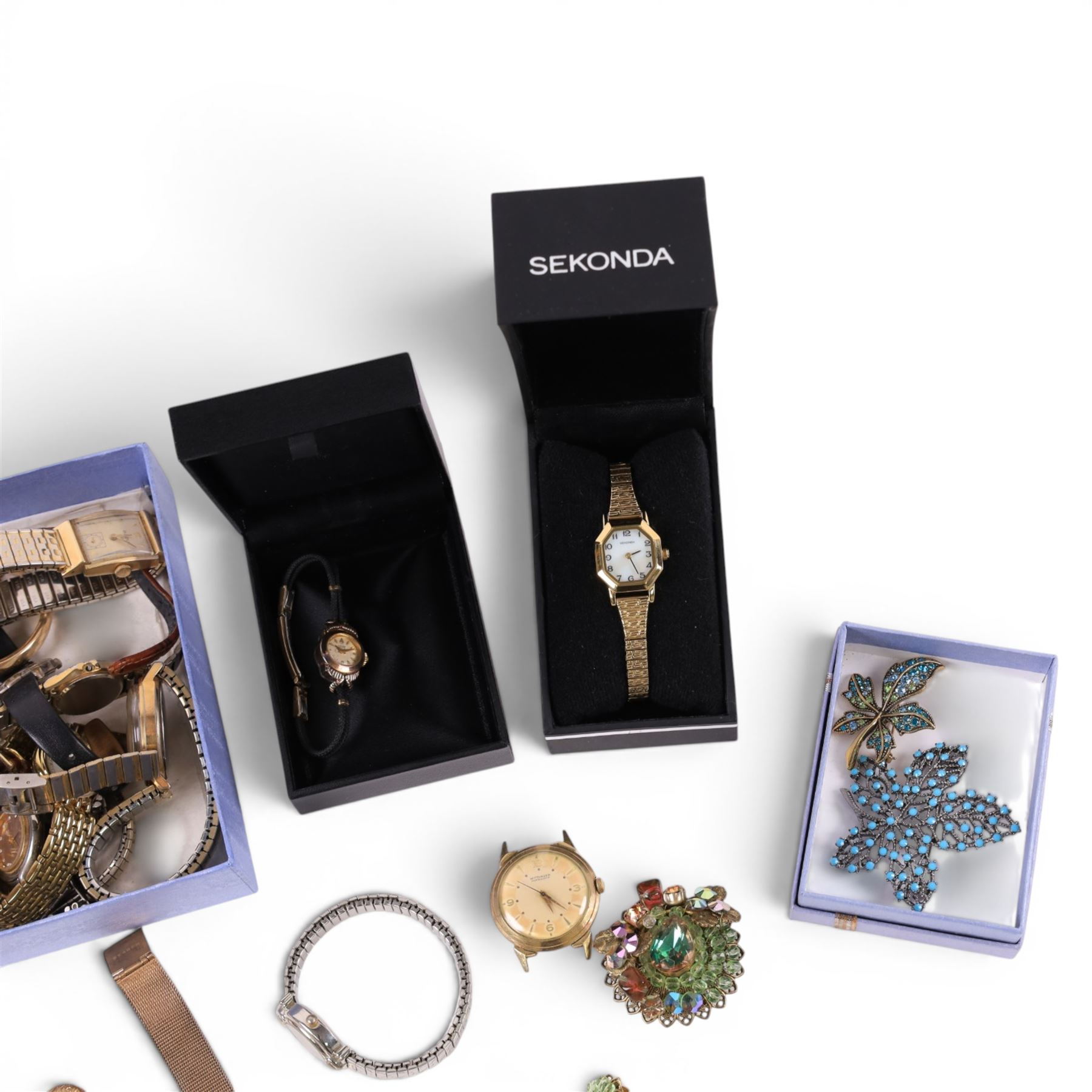 Collection of wristwatches and costume jewellery, including gold filled Bulova, Raymond Weil etc