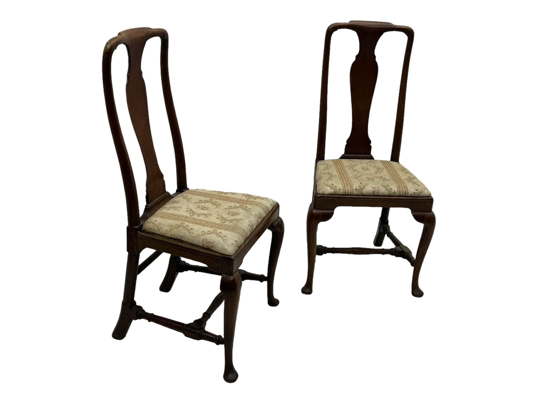 Pair of 19th century Queen Anne design walnut framed side chairs, yoke crest rail over vase-shaped splat, upholstered drop-in seats, raised on cabriole supports with pad feet united by turned stretchers