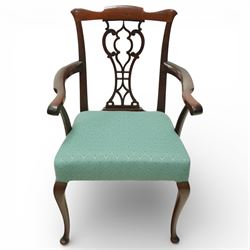 Georgian design mahogany elbow chair, the shaped top rail over a pierced vase shaped splat, swept open arms on square supports, upholstered drop-in seat, raised on cabriole legs terminating in pad feet