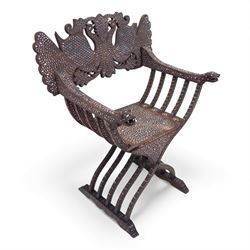 Anglo-Indian bone inlaid hardwood Savonarola chair, the pierced back finely carved with op...