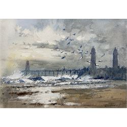 Robert Leslie Howey (British 1900-1981): Whitby Piers, mixed media highlighted in white signed 12cm x 17cm