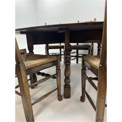 17th century style oak dining table, oval drop leaf top on turned supports, double gateleg action base (H74cm, 198cm x 157cm (open)), together with a set of six oak dining chairs with waved ladder backs and drop on rush seats