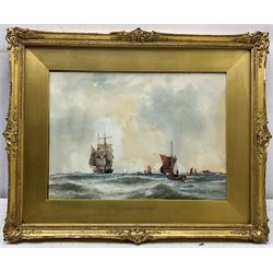 Frank Henry Mason (Staithes Group 1875-1965): Sailing Vessel and Fishing Boats off the Coast, watercolour with scratching out signed 25cm x 35cm