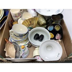 Large quantity of Victorian and later ceramics to include Spode Velamour twin handled vase, Bavaria Schumann Arzberg large circular stand and vase, Beswick Ware,  Spode, blue and white, Hanley and G Meakin, tea wares, figures, West German vase etc in six boxes