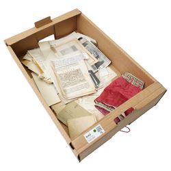 Ephemera including 19th century indenture, Victorian memorial cards and envelopes, sampler...