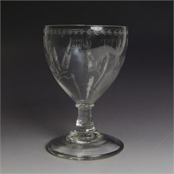 CH SALE 2026 - Dutch engraved Newcastle light baluster glass, circa 1760, the funnel bowl engraved with a two storey country house and church flanked by trees, beneath the inscription ‘T WELVAREN VAN LANDT ENKERK’ (The prosperity of the Country and Church), upon a multi knopped stem with beaded knop and basal knop, over conical foot, H18cm



