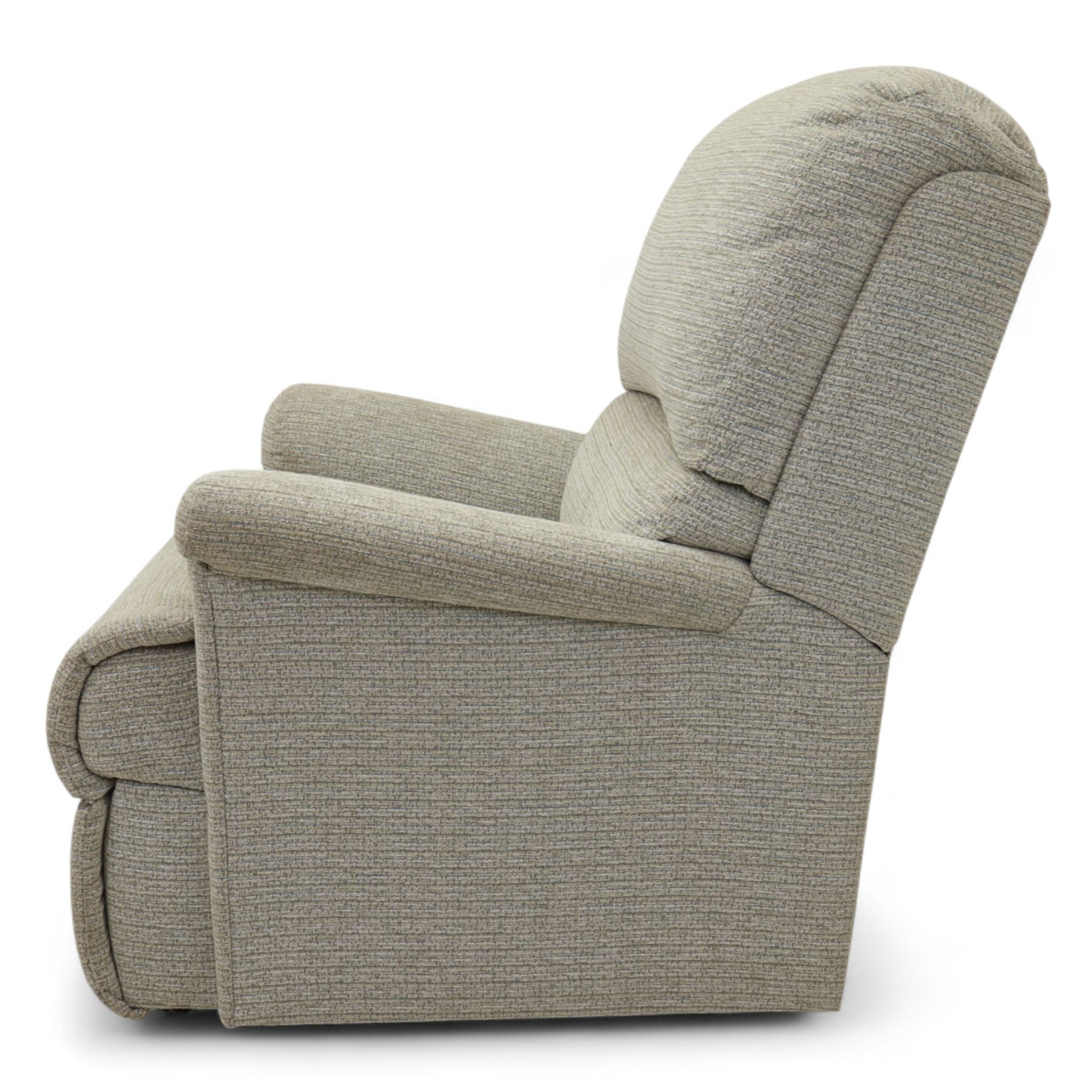 Sherborne - Pair of armchairs, in grey chenille fabric upholstery with fixed cushions and upholstered scroll arms, on castors