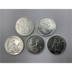 Five Queen Elizabeth II United Kingdom one ounce fine silver Britannia two pound coins dated 2007, 2008, 2009, 2010 and 2011