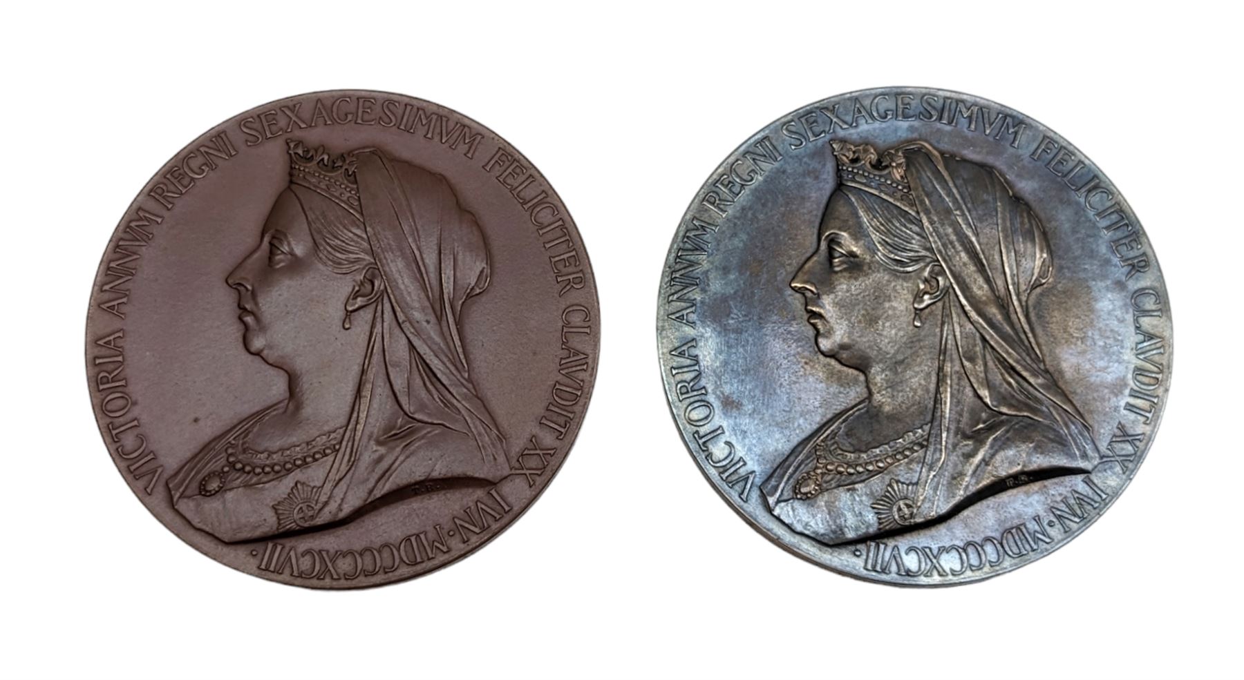 Two Queen Victoria 1887 Diamond Jubilee official Royal Mint issue large commemorative medals, one in silver, one in bronze