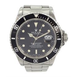 Rolex Oyster Perpetual Date Submariner gentleman's stainless steel automatic wristwatch, circa 1993, Ref. 16610, Serial No. S459924, on original Oyster bracelet with fold-over clasp, boxed with papers dated 1994