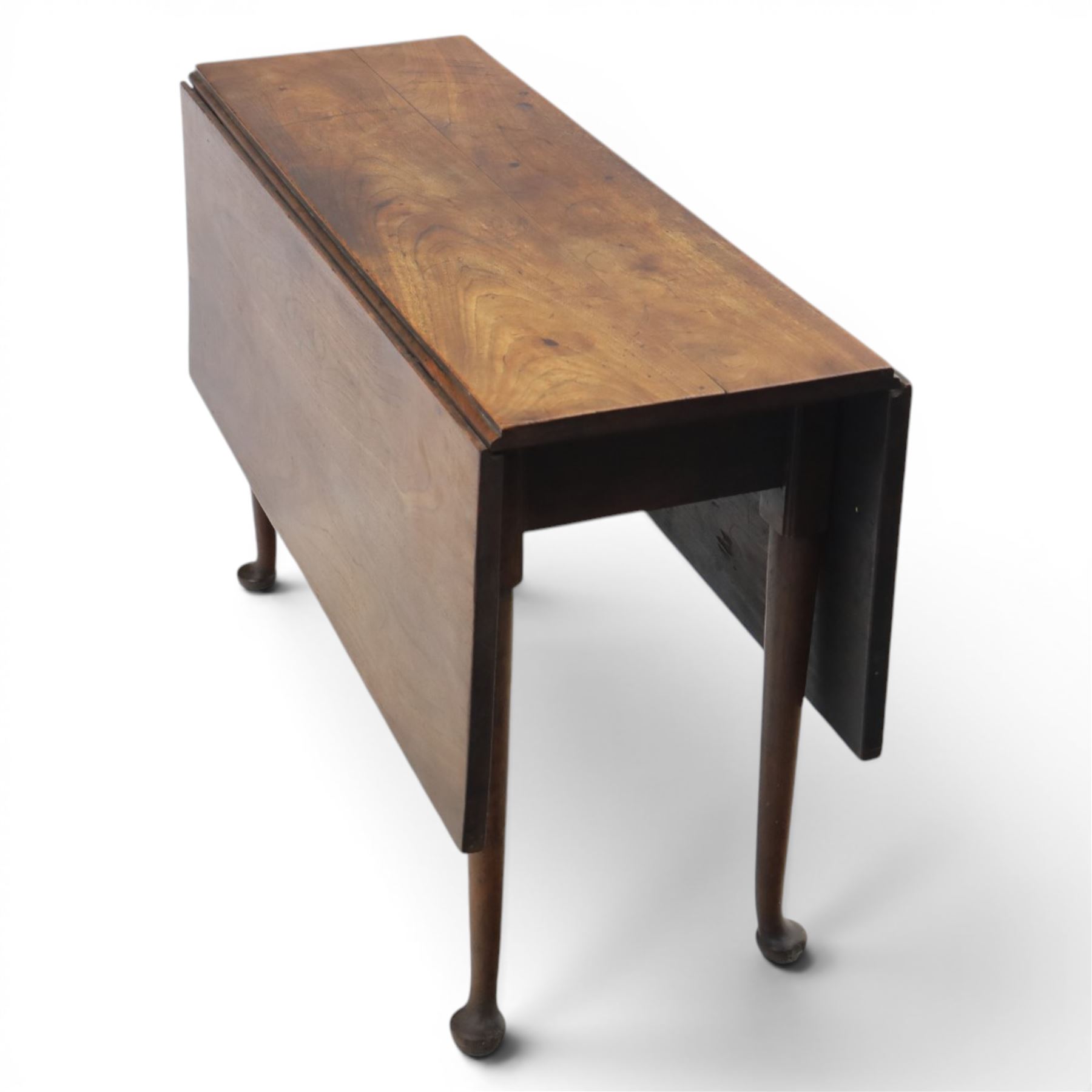 18th century solid walnut drop leaf table, with gate legs terminating in pad feet
