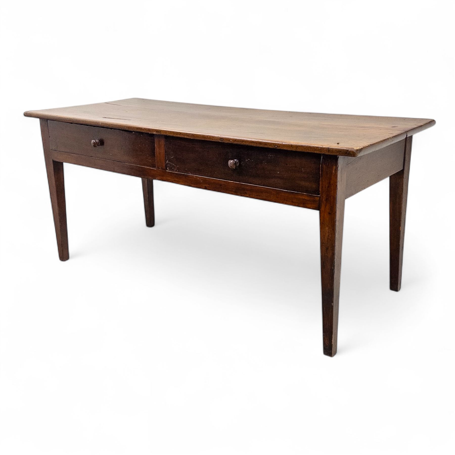 19th century provincial elm and oak farmhouse table, rectangular plank top above two frieze drawers fitted with turned wooden knobs, raised on square tapering legs
