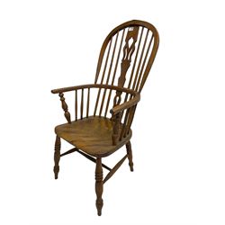 19th century elm and beech Windsor armchair, stick back with pierced splat, on turned supports with H-shaped stretchers