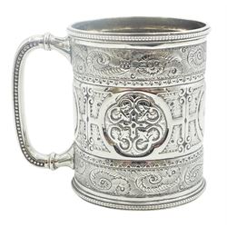 Victorian silver christening mug, of cylindrical form with beaded loop handle, chased with foliate and strapwork bands between a beaded rim and foot, hallmarked Fenton Brothers, Sheffield 1881, H7.5cm, approximate weight 3.89 ozt (121 grams)