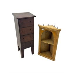 Victorian pine wall-hanging corner cupboard, shaped plinth base (W52cm, H90cm); Victorian narrow chest fitted with four drawers, on tapered supports (W42cm, D38cm, H110cm); mahogany framed bench with upholstered seat, hinged lid enclosing storage (W92cm, H51cm)