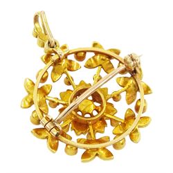 Edwardian 15ct gold pearl flower brooch, with detachable pendant setting, in fitted velvet and silk lined box