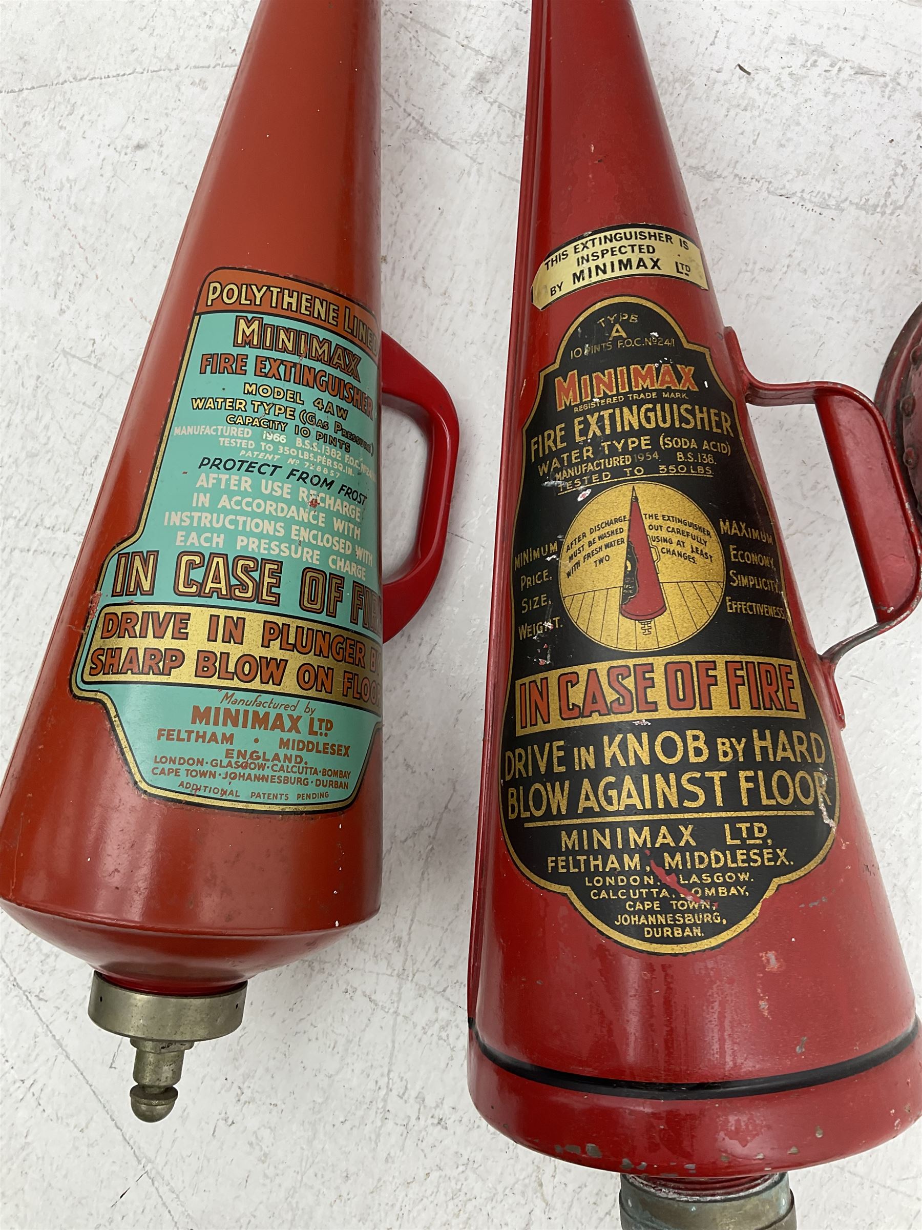 Kingsford fire extinguisher of riveted conical form, dated 1965, with painted and printed decoration, together with two Minimax conical examples dated 1966 and 1954 with gilt decoration, H approx 70cm