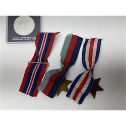 WW2 group of three medals comprising 1939-1945 War Medal, France & Germany Star and 1939-1945 Star; all with ribbons; 1930s Hull Savings Bank silver and enamel presentation fob; three medallions depicting Hitler, Mussolini and Mao Tse Tung; quantity of modern crowns and other coins; and a 6mm Flobert style starting pistol