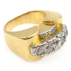  Heavy 18ct gold (tested) ring, set with five old cut diamonds, surrounded by ten smaller diamonds  