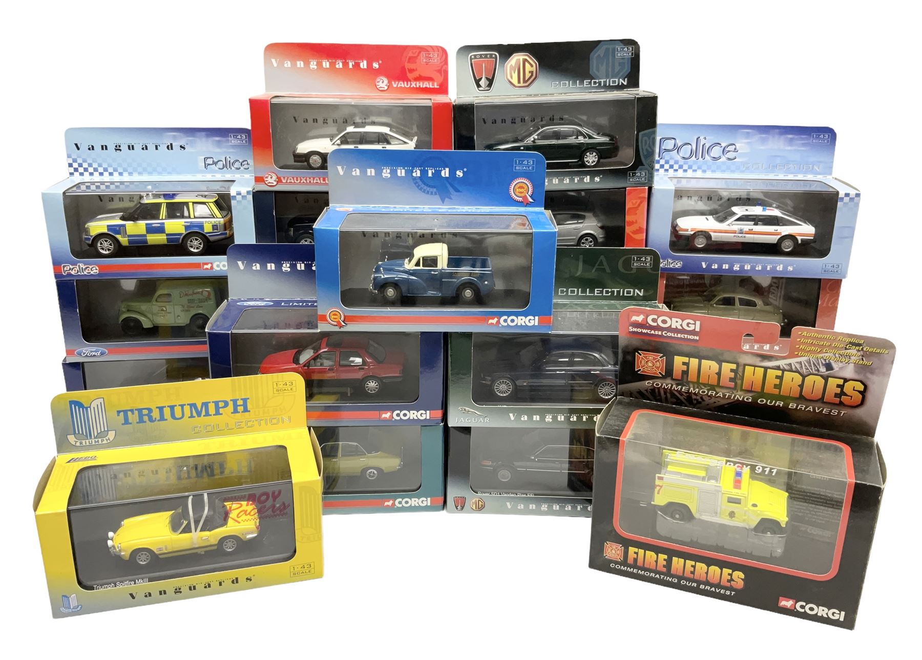 Lledo and Vanguard 1:43 scale die-cast models including Land Rover, Vauxhall, MG, Police and others, all boxed (21)