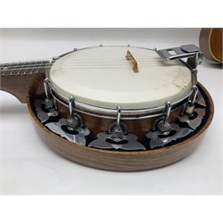 Trumelo BMI banjo ukulele no.3013 L58cm; in soft carrying case; and Kapok Brand guitar shaped ukulele L51cm (2)