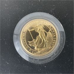 The Royal Mint United Kingdom 1987 Britannia gold proof coin set, comprising one ounce, half ounce, quarter ounce and one tenth of an ounce fine gold coins, cased with certificate