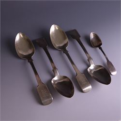 Set of four George III silver Fiddle pattern table spoons all engraved with monogram, hallmarked Thomas Wallis (II) & Jonathan Hayne, London 1819, together with a  Victorian silver Fiddle pattern teaspoon with engraved initials, hallmarked William Rawlings Sobey, Exeter 1846