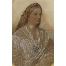  Portrait of a Lady, oval pastel drawing signed by Jane Masters Rogers 'London' (British fl.1847-1870) 47cm x 37cm in gilt frame  