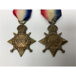 Two WW1 trios of naval medals each comprising  British War Medal, Victory Medal and 1914-15 Star awarded to J.5483 R. Guy A.B. R.N. and D.A. 9432 F.W. Stephenson D.H. R.N.R.; all with ribbons (6)