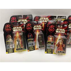 Star Wars - twenty-five 1998/1999 Star Wars Episode One figures and accessory sets by Hasbro in original card backed packaging; both Collection 1 and 2 with Electronic Commtalk reader for each figure's commtalk chip.