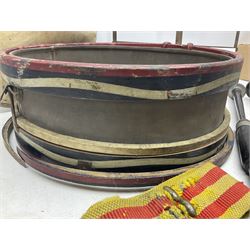Disassembled early 20th century Boys Brigade snare drum D37cm with copy WW1 period photograph of the Kirbymoorside Boys Brigade; early 20th century hardwood clarinet; bagpipes chanter; and Dulcet E-flat penny whistle