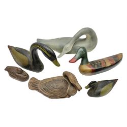 Six carved and painted duck sculpture, of various designs and sizes, largest L45cm 