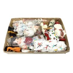 Six 1960s/70s Czechoslovakian composition/celluloid head national costume dolls; two Dutch costume dolls in 1960s vinyl bags; Pierrot type doll with spare head; and three other soft toys