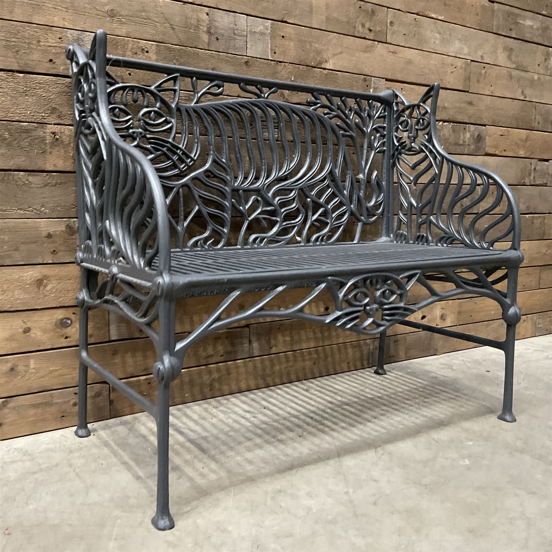 Richard Bawden (1936-2024); - Cat design painted cast iron garden bench