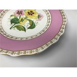Victorian Copeland, Botanical dessert service, decorated with floral sprigs to the centre with a pink and gilt border, comprising five comports and seven plates, largest comport H20cm, plate D22cm