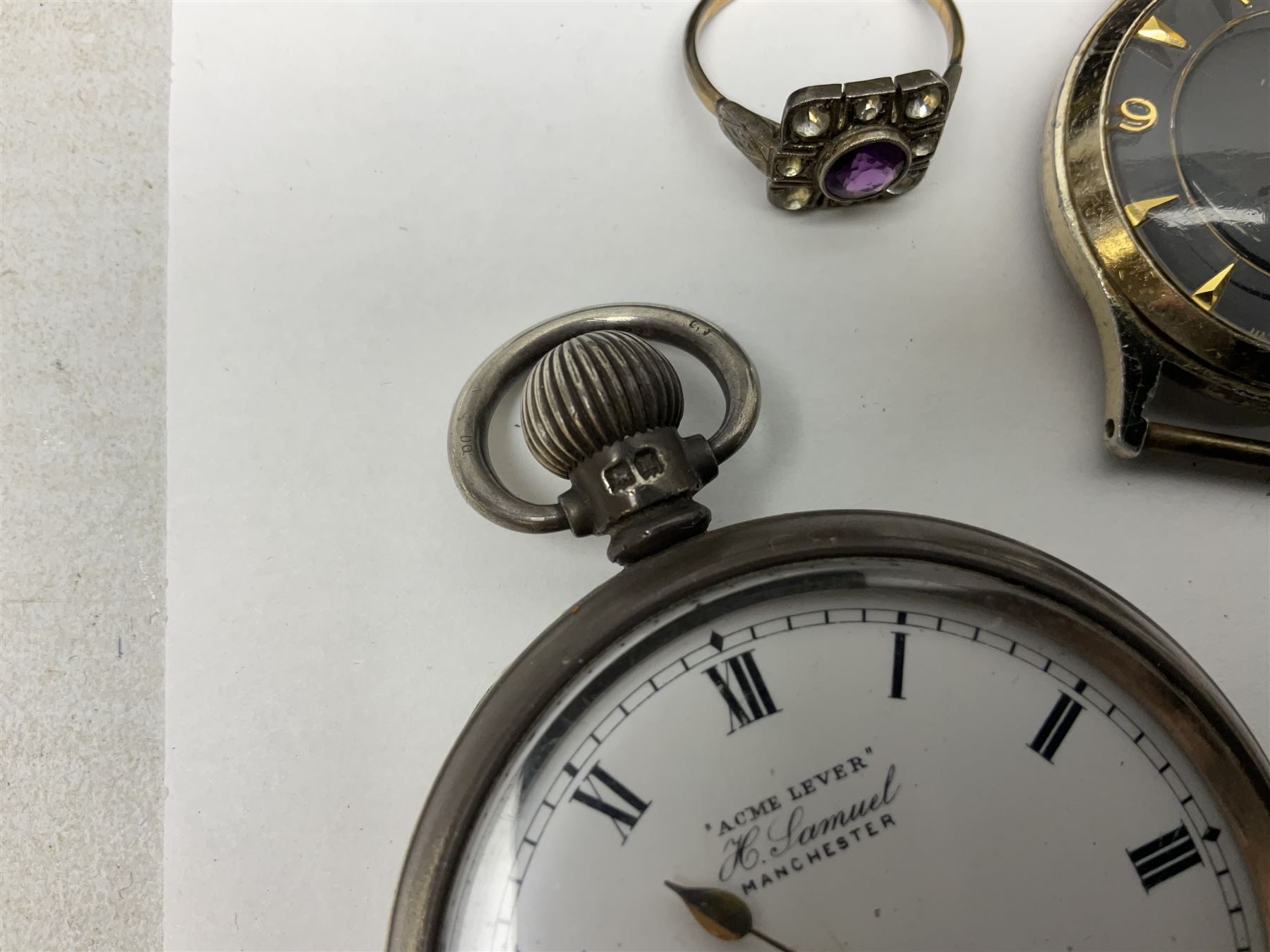 Four wristwatches including Seiko automatic, Sekonda, Timex and Ingersoll, silver Acme Lever pocket watch by H Samuel, 9ct gold keepers ring, silver and 9ct gold paste stone set cluster ring, silver and stone set silver jewellery and other vintage jewellery