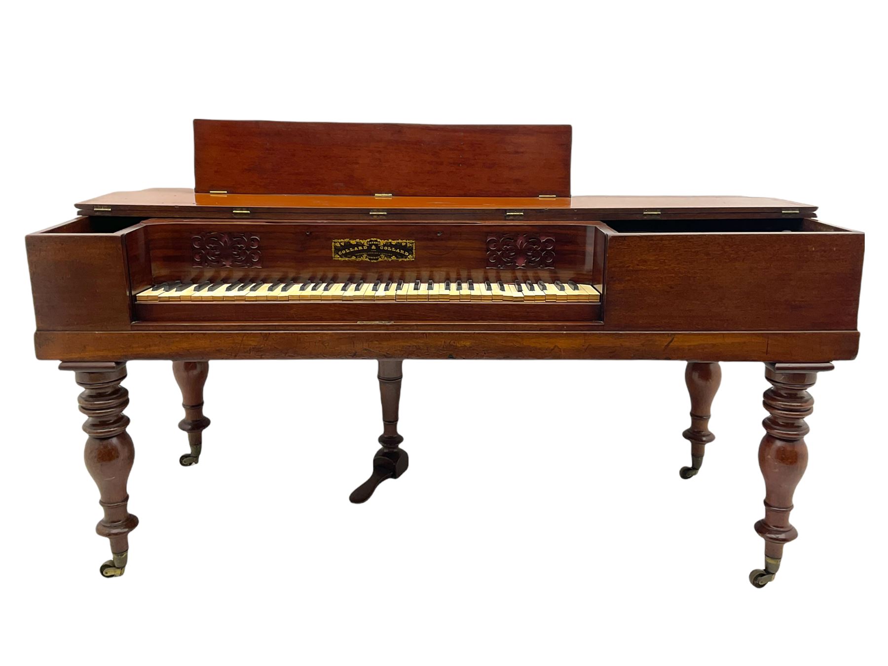 Collard & Collard - early 19th century mahogany square piano, hinged and retractable keyboard cover and lid, turned legs on brass castors