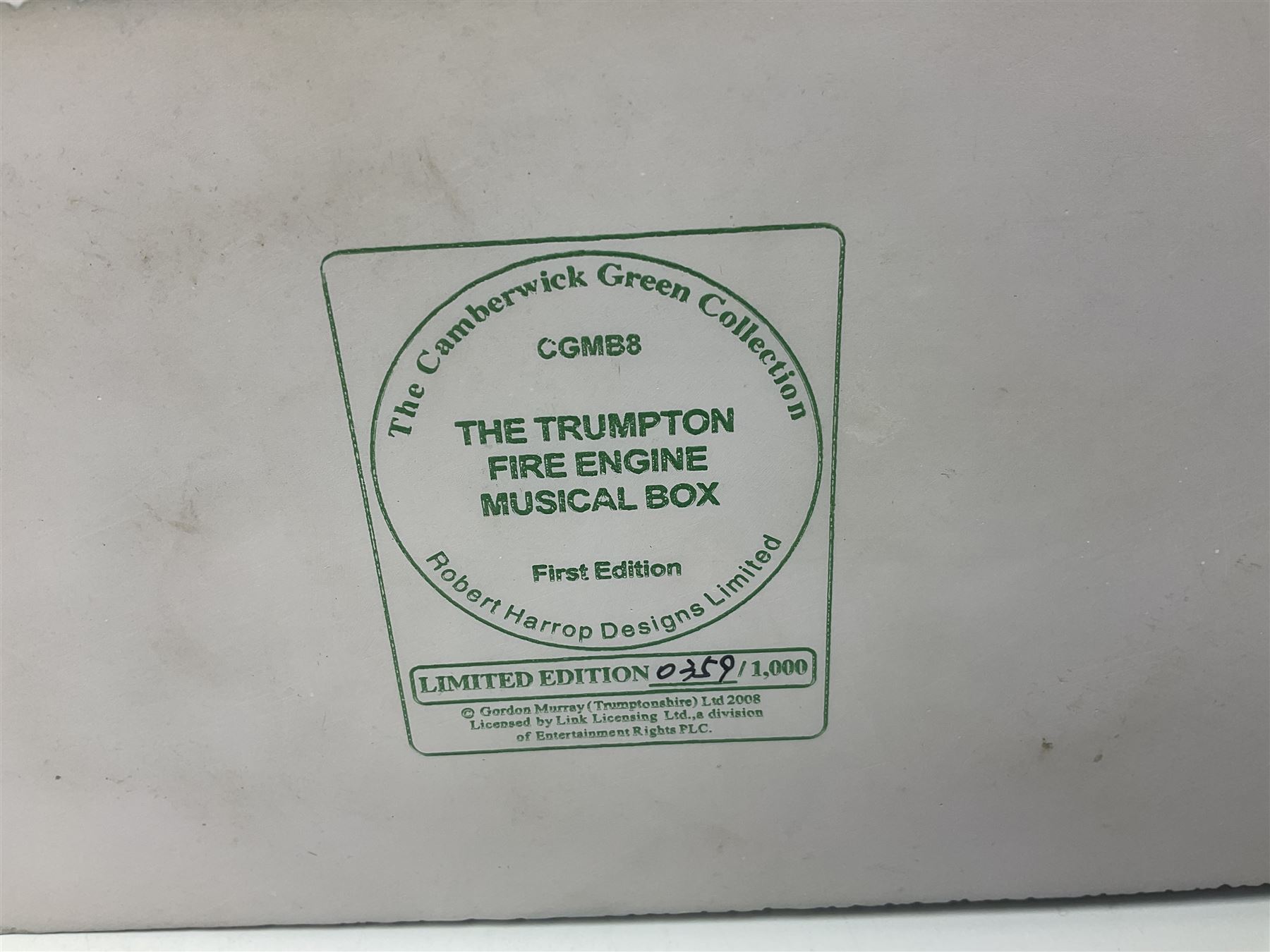 Eleven Robert Harrop figures from various collections, comprising limited edition The Trumpton Fire Engine Musical Box CGMB8 no. 359/1000, The Dragon from the Red Knight BN09, Bulldog Fireman DP165, Pointer Fire Chief DP184, Dalmatian New York Fire Fighter DP234, Dalmatian Fire Fighter DP191; Desperate Dan ‘Fireman Dan’ BDS11, Cuthbert CG13, Pugh (Clarinet) CG70, The Soup Dragon CL05 and Baby Dragon CL06