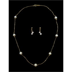 Gold pearl necklace and a pair of gold pearl pendant earrings, both 18ct stamped
