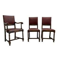 Mid-20th century set seven (6+1) oak barley twist dining chairs, upholstered back and drop in seat, on spiral turned front supports joined by H-shaped stretchers